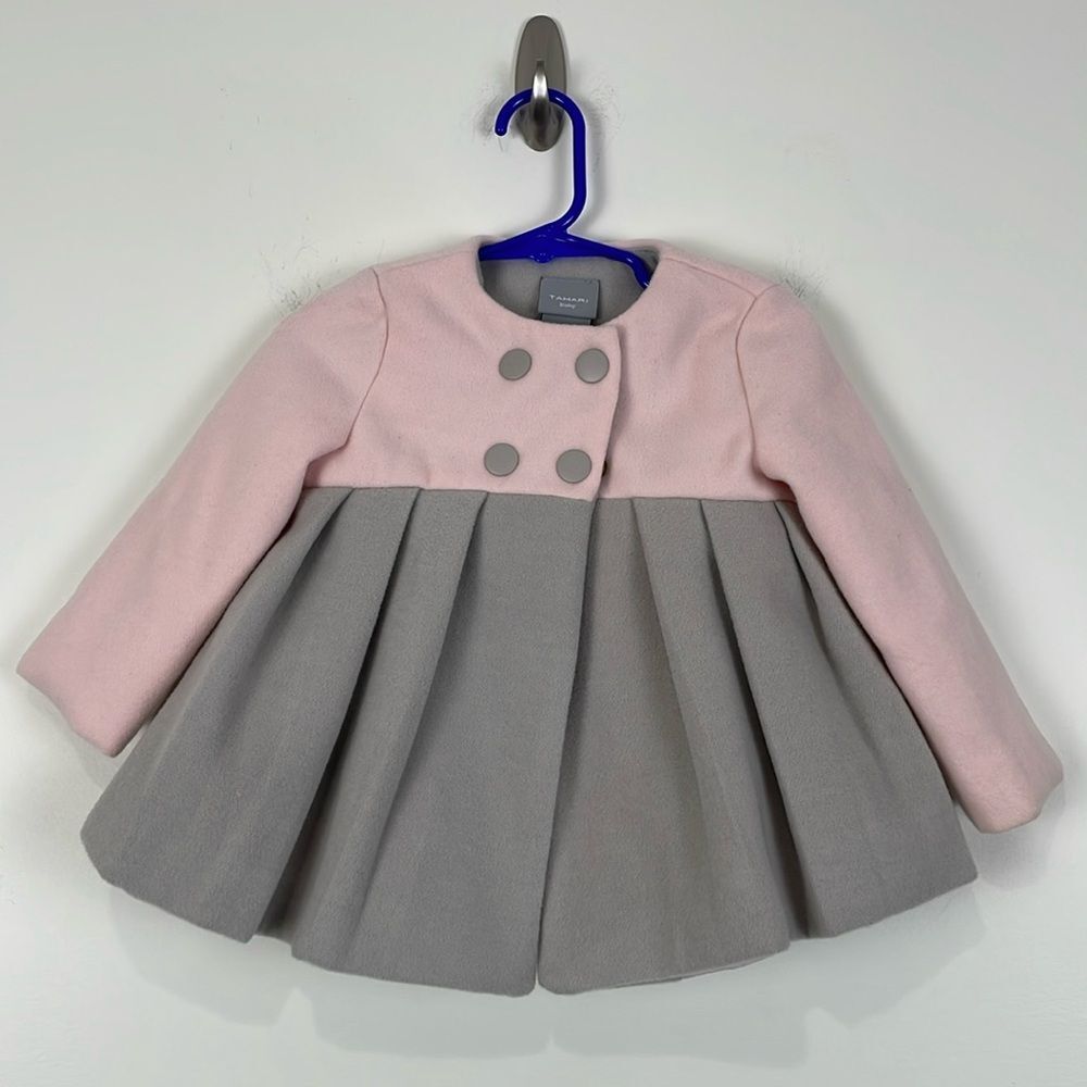 Tahari Baby Dress Coat 12 Months Gray Pink Button Front Pleated